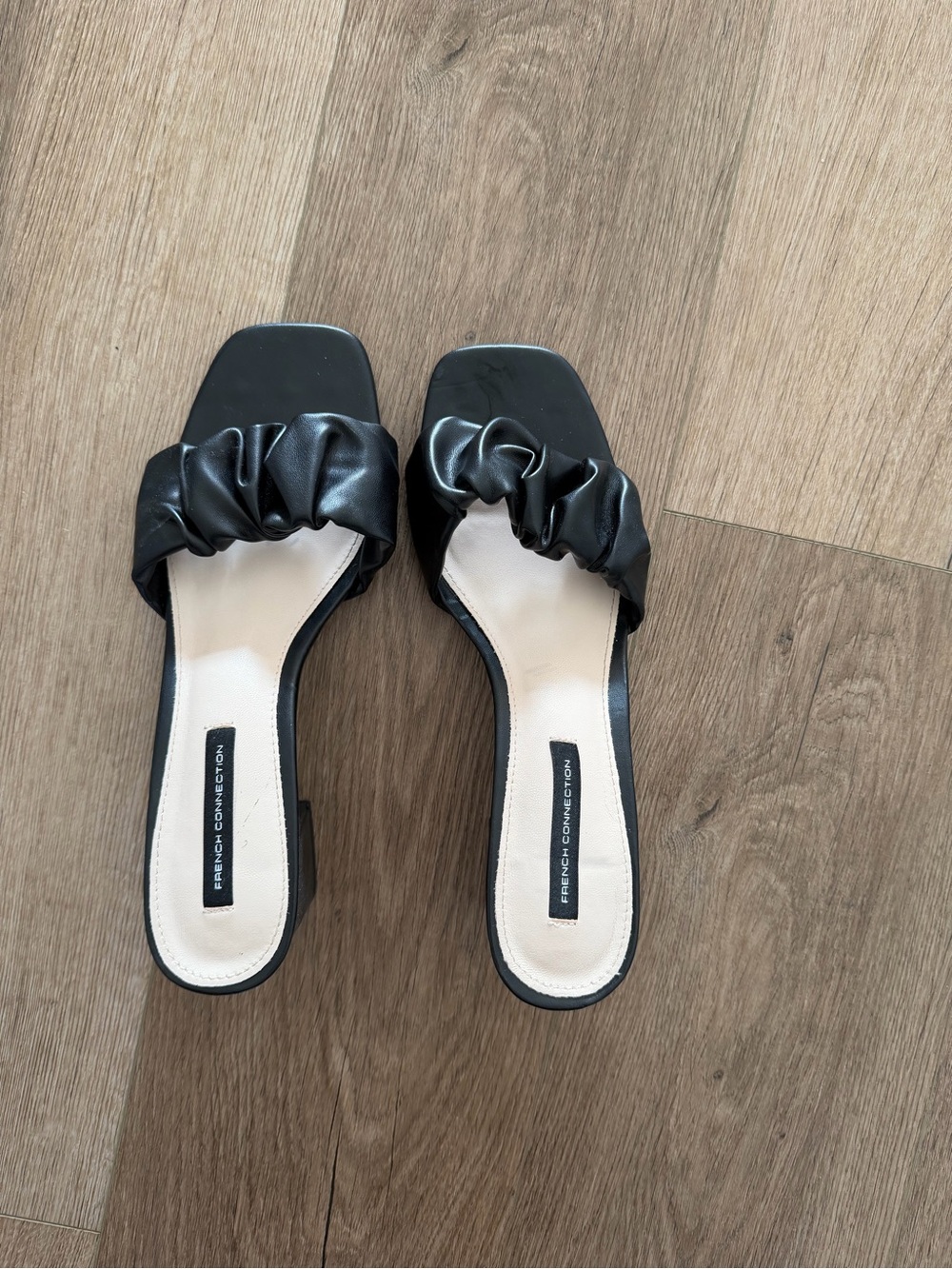 French Connection Black Ruched Square-Toe Slide Mules